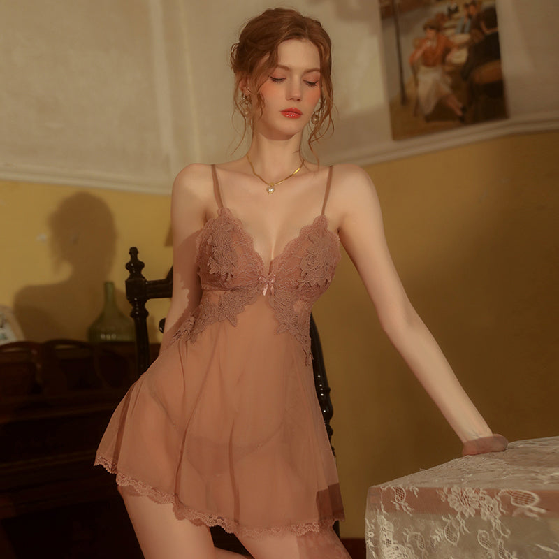 mesh see-through embroidery nightdress set